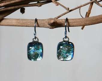 Pale Aqua Dichroic Dangle Earrings with Hypoallergenic Niobium Ear Wires