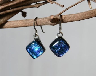 Purple-ish Blue Dichroic Dangle Earrings with Hypoallergenic Niobium Ear Wires