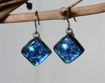 Purple-ish Blue Dichroic Dangle Earrings with Hypoallergenic Niobium Ear Wires