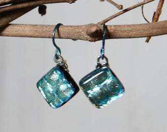 Pale Aqua Dichroic Dangle Earrings with Hypoallergenic Niobium Ear Wires