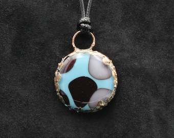 Handmade Turquoise, Black, and Gray Glass Pendant on a Black Cord