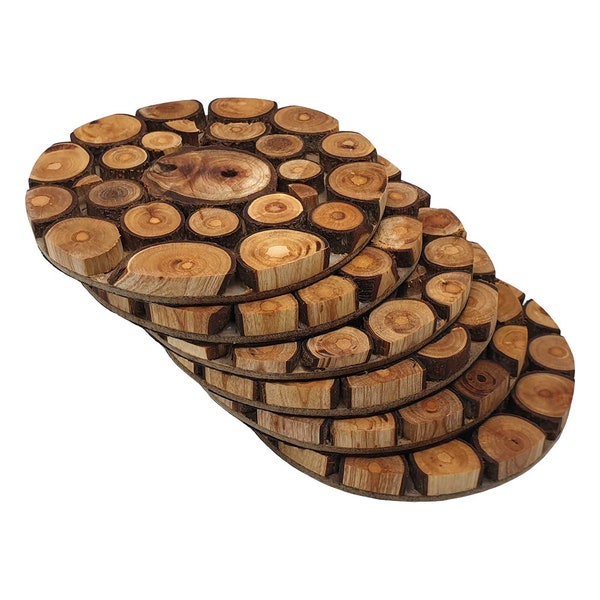 Wood Coaster Set; Gesneden hout, rond - Set van 6, 11cm