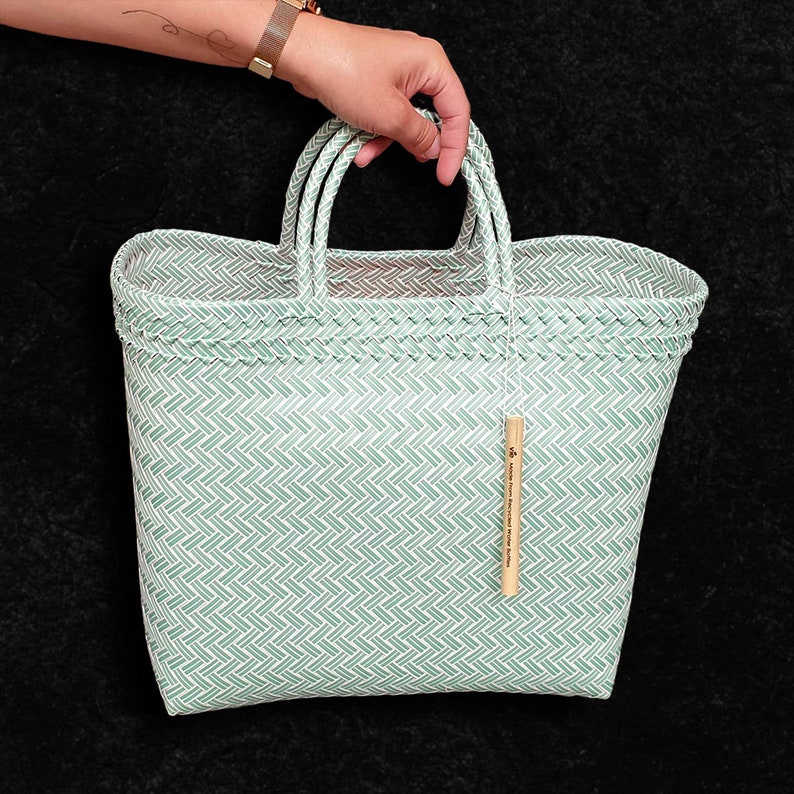 Recycled Plastic Woven Beach/tote Bag Green Large Etsy