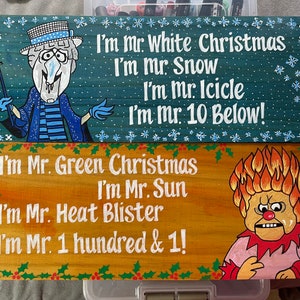 The Year Without A Santa Claus hand painted set of two signs, Mr Heat Miser & Mr Snow Miser