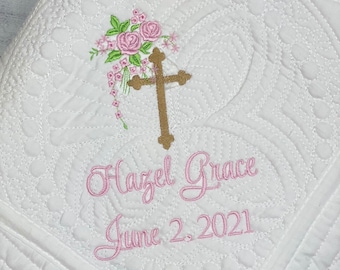 Baby Baptism Blanket, Baby Blanket Quilt, Personalized Baptism Quilt, Embroidered Christening Blanket Gift