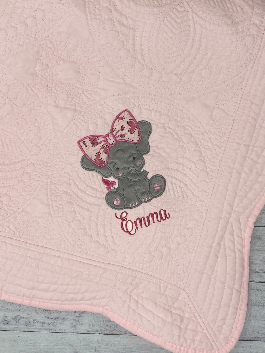 Personalized Heirloom Baby Blanket, Elephant Design Baby Blanket, Pink Baby Quilt Personalized