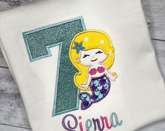 Personalized Mermaid Birthday T-Shirt, Mermaid Shirt, Embroidered Child's Shirt, Mermaid  Birthday Party T-Shirt, Mermaid Princess Shirt