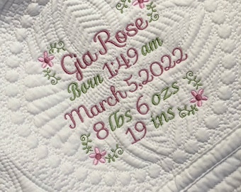 Custom Birth Stats Blanket, Baby Blanket, Birth Announcement Heirloom quilt, White Birth Stat Blanket, Personalized Keepsake blanket