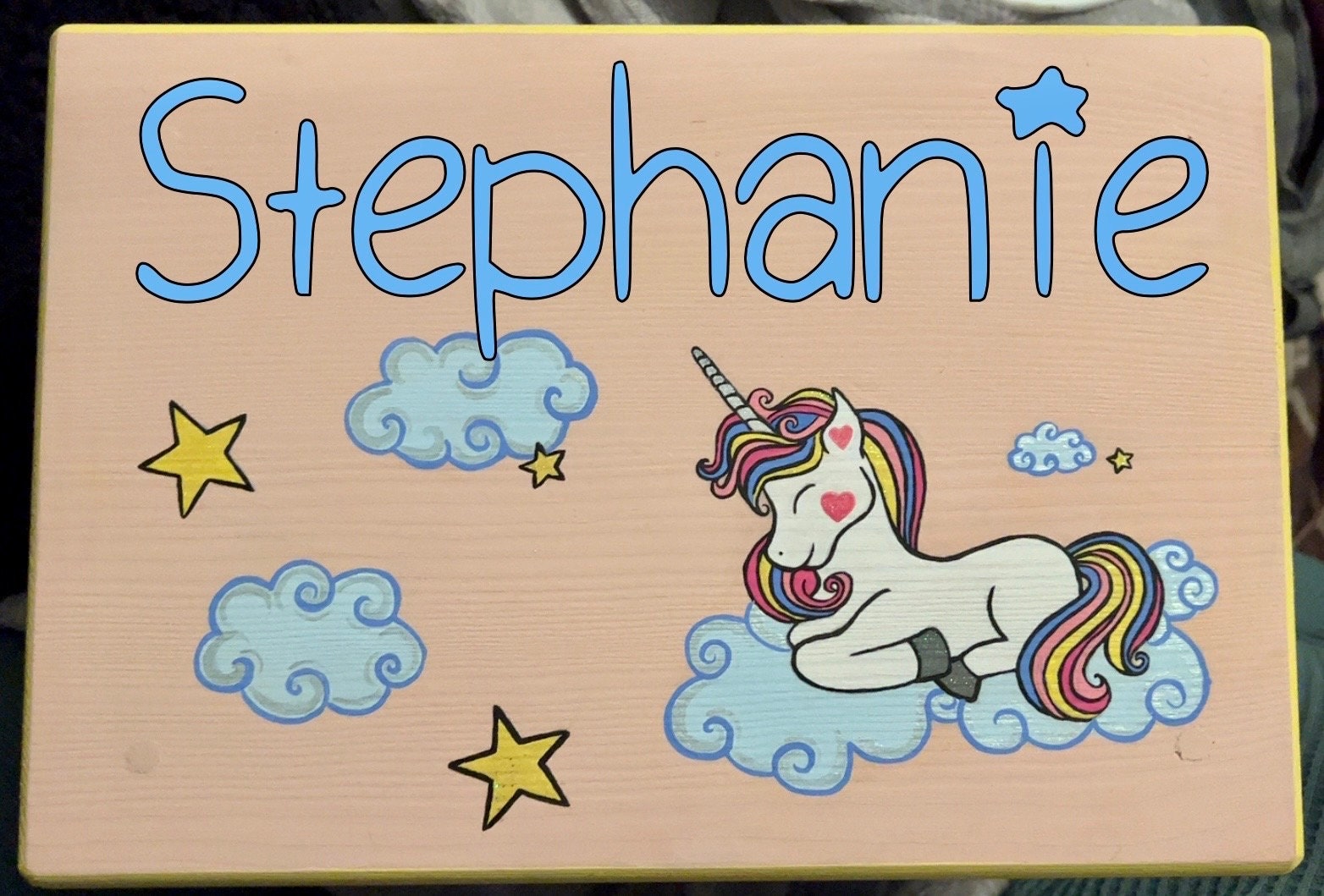 Personalized Hand-painted Children's Step Stool with Unicorn on Clouds