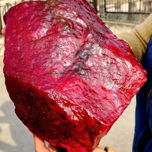 May include: A large, rough-hewn ruby gemstone with a deep red color. The surface has a textured appearance with natural variations. The gemstone is held up, showcasing its size and color.