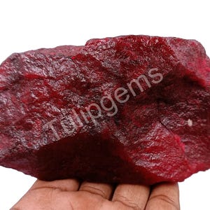May include: A raw, uncut ruby gemstone in a deep red hue. The surface has a textured appearance. The text "Talingems" is visible on the surface of the gemstone. The gemstone is held in a hand.