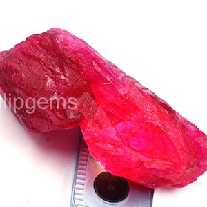May include: A large, raw ruby gemstone with a vibrant red hue. The rough, uncut stone has a textured surface and is positioned on a white background. The word "lipgems" is visible on the stone.