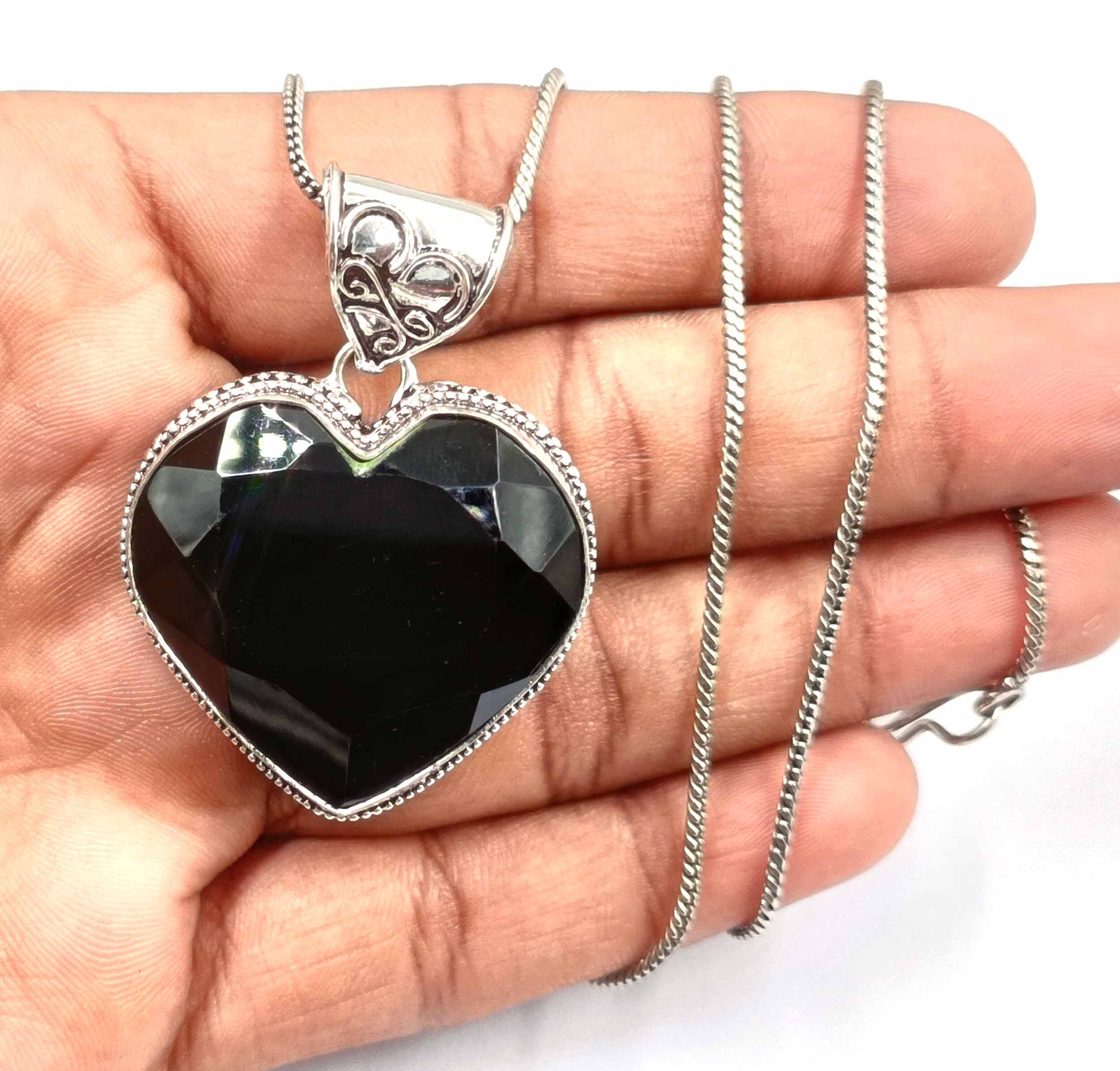 Black Onyx Heart Shape Pendant 112.89 Carat 925 Streeling