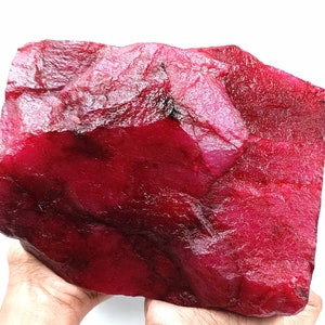Puede incluir: Una gran gema de rubí en bruto, de color rojo intenso. La superficie tiene un aspecto texturizado, con variaciones de tono y reflejos. El rubí se sostiene sobre un fondo blanco, mostrando su forma natural.