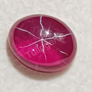 May include: A cabochon-cut ruby gemstone with a star effect. The gem is a deep pinkish-red color with white star-shaped inclusions. The surface is smooth and polished, reflecting light. The text "Tullgems" is visible on the gem.