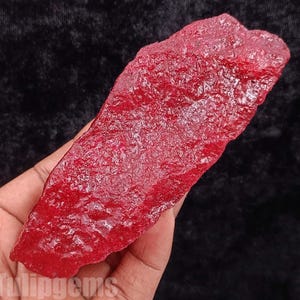 May include: A rough, uncut ruby gemstone with a deep red color. The surface of the stone has a textured appearance. The ruby is held in a hand against a dark background. The text "Tulipgems" is visible at the bottom.