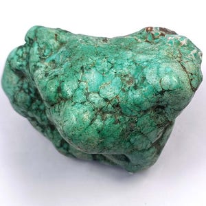 Peut inclure: Une pierre de turquoise brute et irrégulière présentant une palette de couleurs vert et bleu sarcelle vif. La surface affiche un réseau complexe de veines de matrice brun foncé et noir, créant un aspect organique et texturé.