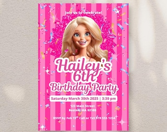 Barbie Birthday Invitation | Editable Canva Template | Pink Party Theme | Girl Birthday Invite | Digital Download