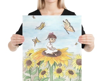 Print - Summer Days - Little girl on sunflowers with hearing aids reading book