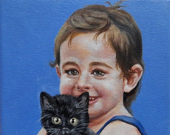 custome portrait, portrait of girl with cat, oil painting