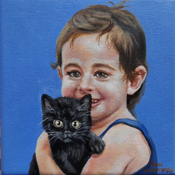 custome portrait, portrait of girl with cat, oil painting