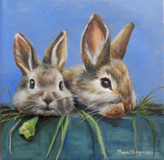 Retrato de 2 conejos pintados al oleo sobre lienzo de 20 cm x 20 cm, listo para enviar, arte animal, pintura original, solo hay uno.