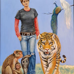 May include: An oil painting shows a woman in a black t-shirt and jeans, alongside a tiger, monkeys, and a cobra. A peacock and a white peacock are on a branch. The background is a light blue sky.
