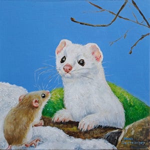 May include: A square painting shows a white ermine and a brown mouse in a snowy scene against a blue sky. The ermine, with pink ears and nose, looks at the mouse. The mouse stands on the snow, facing the ermine. A tree branch is in the background.