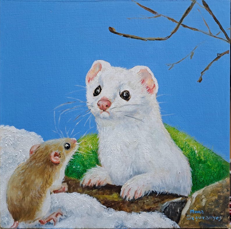 May include: A square painting shows a white ermine and a brown mouse in a snowy scene against a blue sky. The ermine, with pink ears and nose, looks at the mouse. The mouse stands on the snow, facing the ermine. A tree branch is in the background.