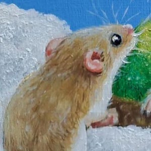 May include: A detailed painting of a small mouse with tan fur, pink ears, and a pink nose. The mouse is set against a backdrop of white and green, with a bright blue sky in the background. The artwork has a soft, painterly style.