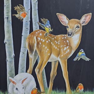 May include: An oil painting shows a fawn with white spots, alongside birds and a white rabbit. Silver birch trees are in the background, and the scene is set against a black backdrop. The birds include robins and blue tits, in a grassy area.