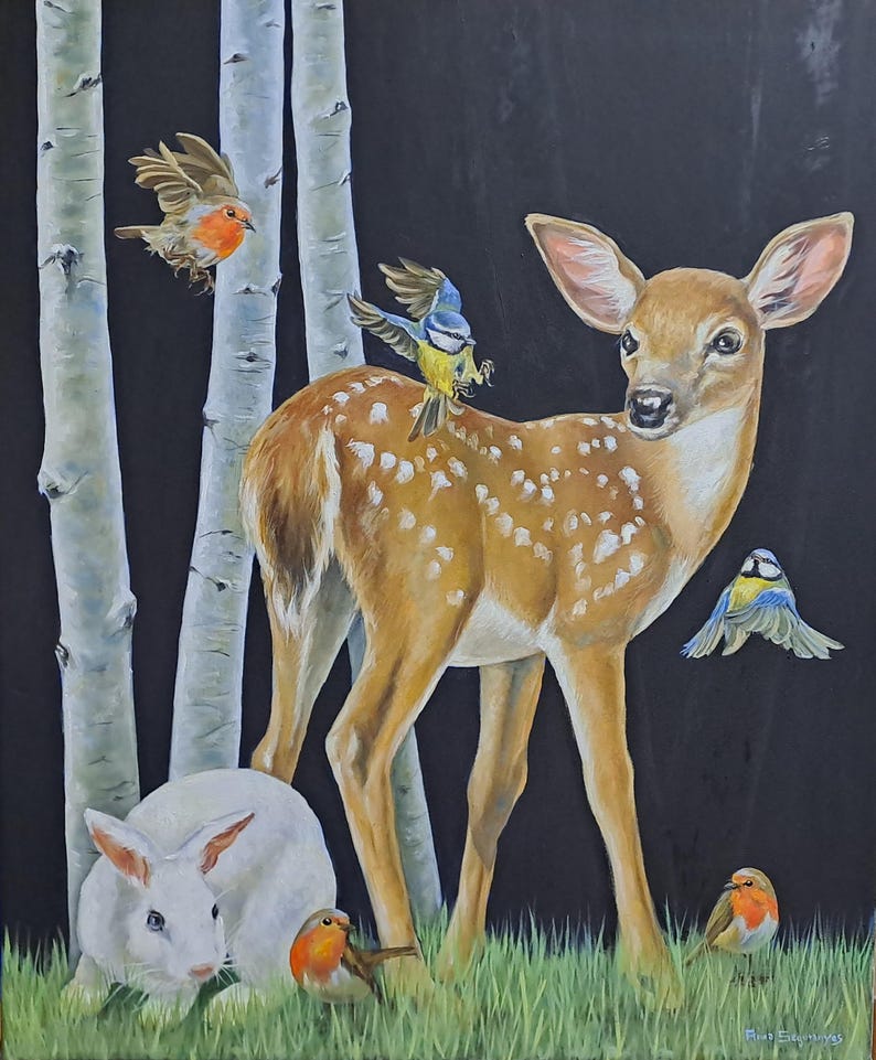 May include: An oil painting shows a fawn with white spots, alongside birds and a white rabbit. Silver birch trees are in the background, and the scene is set against a black backdrop. The birds include robins and blue tits, in a grassy area.