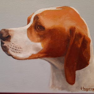 May include: Oil painting of a dog's head in profile, with white and orange fur. The dog's head is turned to the left, with detailed features including the nose, eye, and ear. The background is a solid light grey.