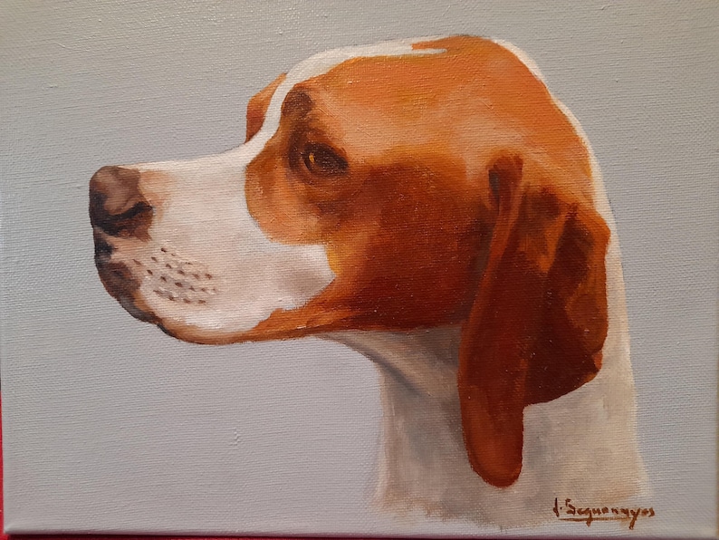 May include: Oil painting of a dog's head in profile, with white and orange fur. The dog's head is turned to the left, with detailed features including the nose, eye, and ear. The background is a solid light grey.