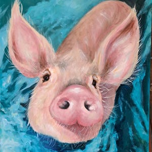 May include: A painting of a pig's face, with pink features and a blue background. The artwork features a close-up view of the pig's head, with visible brushstrokes. The artist's signature is in the bottom right corner.