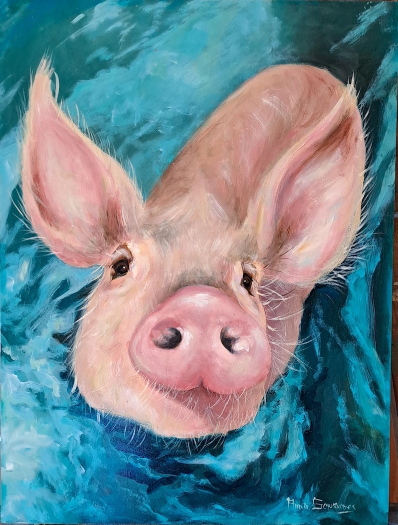 May include: A painting of a pig's face, with pink features and a blue background. The artwork features a close-up view of the pig's head, with visible brushstrokes. The artist's signature is in the bottom right corner.