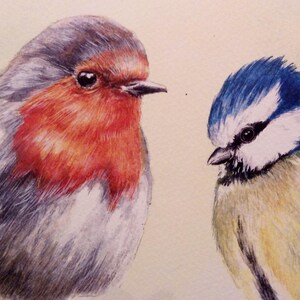 May include: Watercolour painting of two birds. A robin with a red breast and grey and brown feathers faces a blue tit with a blue head and yellow chest. The birds are set against a light beige background.