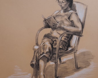 Drawing woman reading, charcoal and white pencil