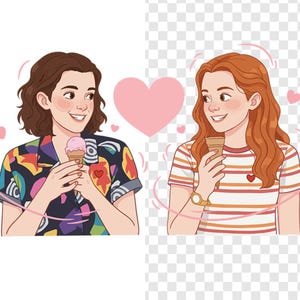 May include: Digital illustration of two smiling people holding ice cream cones, with a pink heart between them. One person wears a colorful shirt, the other a striped shirt. Pink hearts surround them.