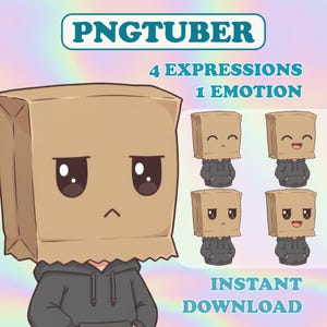 Può includere: Illustrazione digitale di un personaggio con la testa a sacco di carta e una felpa con cappuccio grigia. L'immagine include il testo "PNGTUBER", "4 EXPRESSIONI 1 EMOZIONE" e "INSTANT DOWNLOAD".