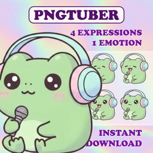 May include: A digital illustration of a cute green frog character wearing headphones with pink accents and holding a microphone. The image includes the text "PNGTUBER", "4 EXPRESSIONS 1 EMOTION", and "INSTANT DOWNLOAD".