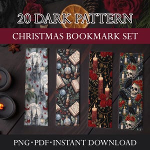 May include: A set of four Christmas-themed bookmarks with dark patterns. The bookmarks feature illustrations of a castle, books, candles, and skulls. The text "20 DARK PATTERN CHRISTMAS BOOKMARK SET" is displayed at the top.