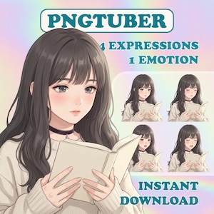 Può includere: Illustrazione digitale di una giovane donna con lunghi capelli scuri, che indossa un choker e un maglione, che legge un libro. L'immagine include il testo "PNGTUBER", "4 EXPRESSIONS 1 EMOTION" e "INSTANT DOWNLOAD".