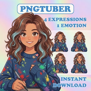 以下が含まれることがあります： ウェーブのかかった茶色の髪に青いハイライトが入ったキャラクターのデジタルイラスト。ペンキが飛び散った青いセーターを着て、パレットのピンをつけている。テキストはPNGTUBER、4 EXPRESSIONS 1 EMOTION、INSTANT DOWNLOADと書かれている。