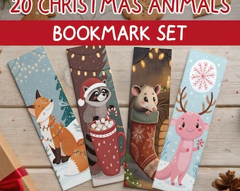 May include: A set of four illustrated bookmarks featuring Christmas animals. The bookmarks include a fox, raccoon, opossum, and a deer-like creature. The text "20 CHRISTMAS ANIMALS BOOKMARK SET" is displayed at the top.