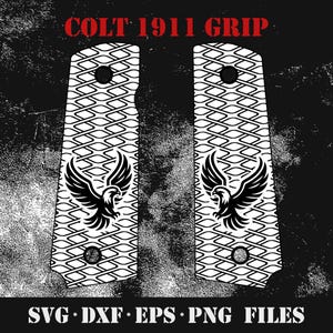 May include: Pair of white Colt 1911 grips with a black eagle design. The grips have a diamond pattern and are designed for a firearm. The text "COLT 1911 GRIP" is at the top in red, and "SVG.DXF.EPS.PNG FILES" is at the bottom.