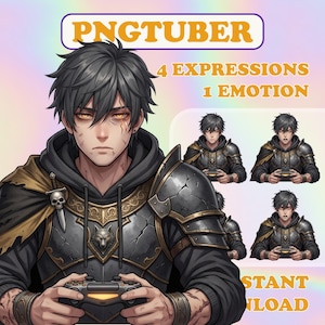 May include: A digital character illustration featuring a dark-haired person in weathered armor with a wolf emblem and skull pin, holding a game controller. The text reads PNGTUBER, 4 EXPRESSIONS 1 EMOTION, and INSTANT DOWNLOAD on a pastel background.