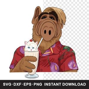May include: Cartoon character illustration in a red Hawaiian shirt, drinking a milkshake with a cat inside. The character has a large snout and is holding the milkshake with a straw. The image includes the text: SVG • DXF • EPS • PNG • INSTANT DOWNLOAD.
