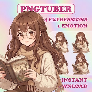 May include: A digital illustration of a character with long brown hair and round glasses, wearing a beige sweater and scarf, holding an open book titled Fantasy. The image includes the text PNGTUBER, 4 EXPRESSIONS 1 EMOTION, and INSTANT DOWNLOAD.