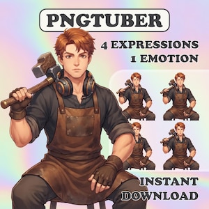 May include: A digital illustration of a PNGtuber character featuring a person with brown hair, wearing a dark shirt, brown apron, and headphones, holding a hammer. The image includes text reading PNGTUBER, 4 EXPRESSIONS 1 EMOTION, and INSTANT DOWNLOAD, with four smaller variations of the character shown on the right side.